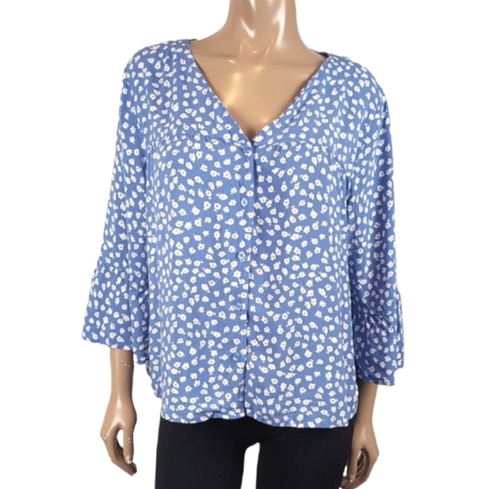 3/$20 George Blue Floral Blouse Flare Long Sleeve Vneck Boho Top Plus Size 2X